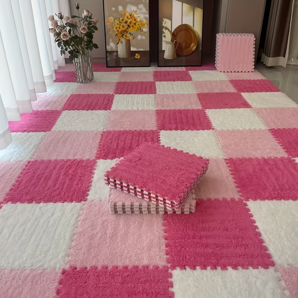 Pink & White Checkered Plush Interlocking Mat - 30pcs