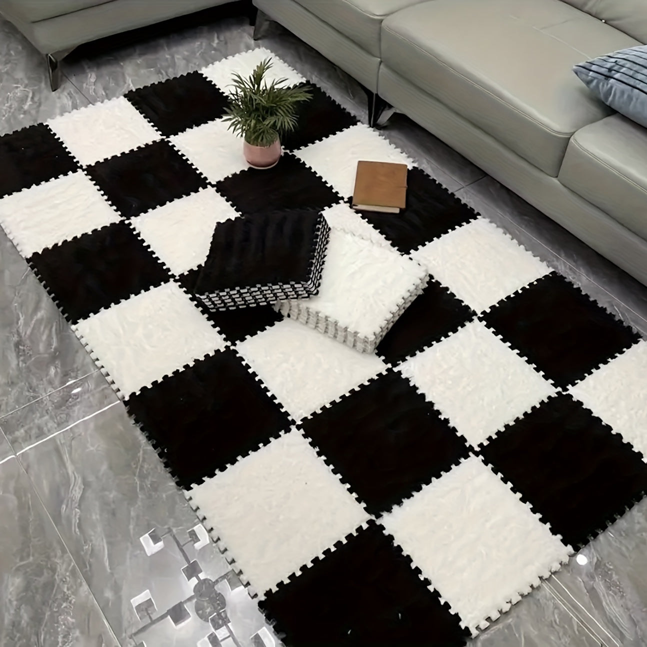 Black & White Mosaic Carpet Set - Plush Mats For Bedroom 12pcs