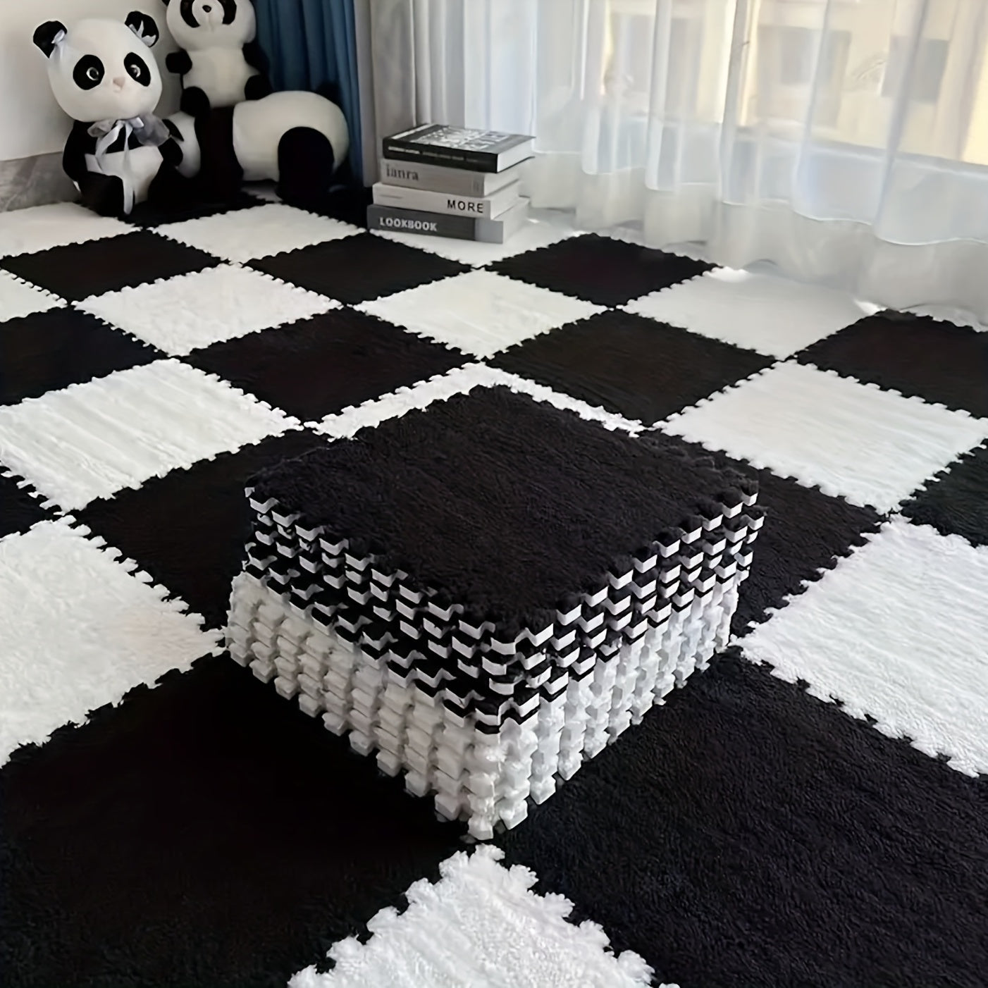 Black & White Mosaic Carpet Set - Plush Mats For Bedroom 12pcs