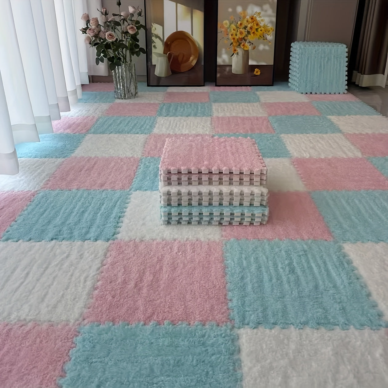 Pink & White Checkered Plush Interlocking Mat - 30pcs