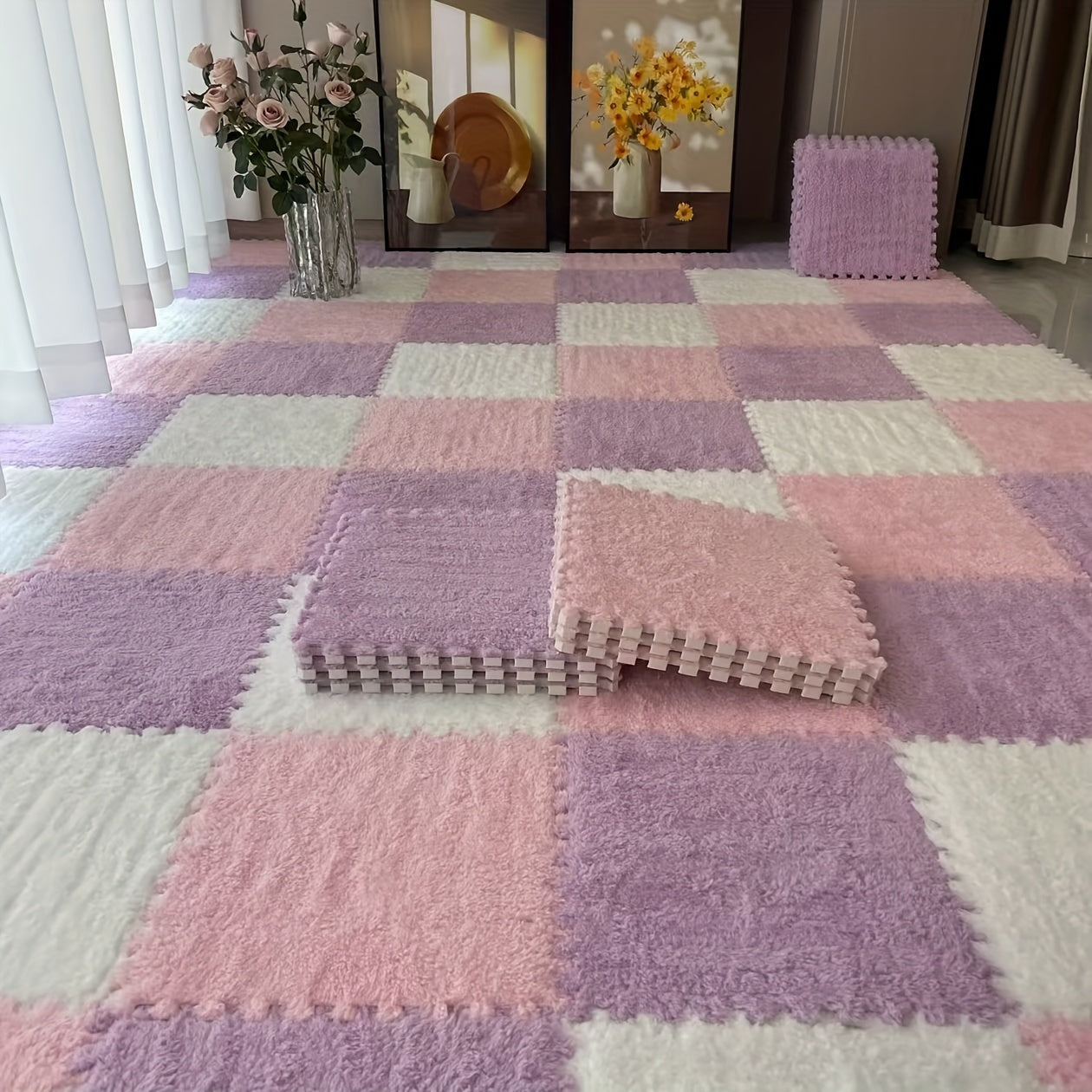 Pink & White Checkered Plush Interlocking Mat - 30pcs